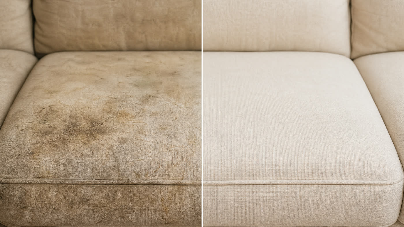 Couch upholstery before and after StainLION cleaning — heavy staining removed