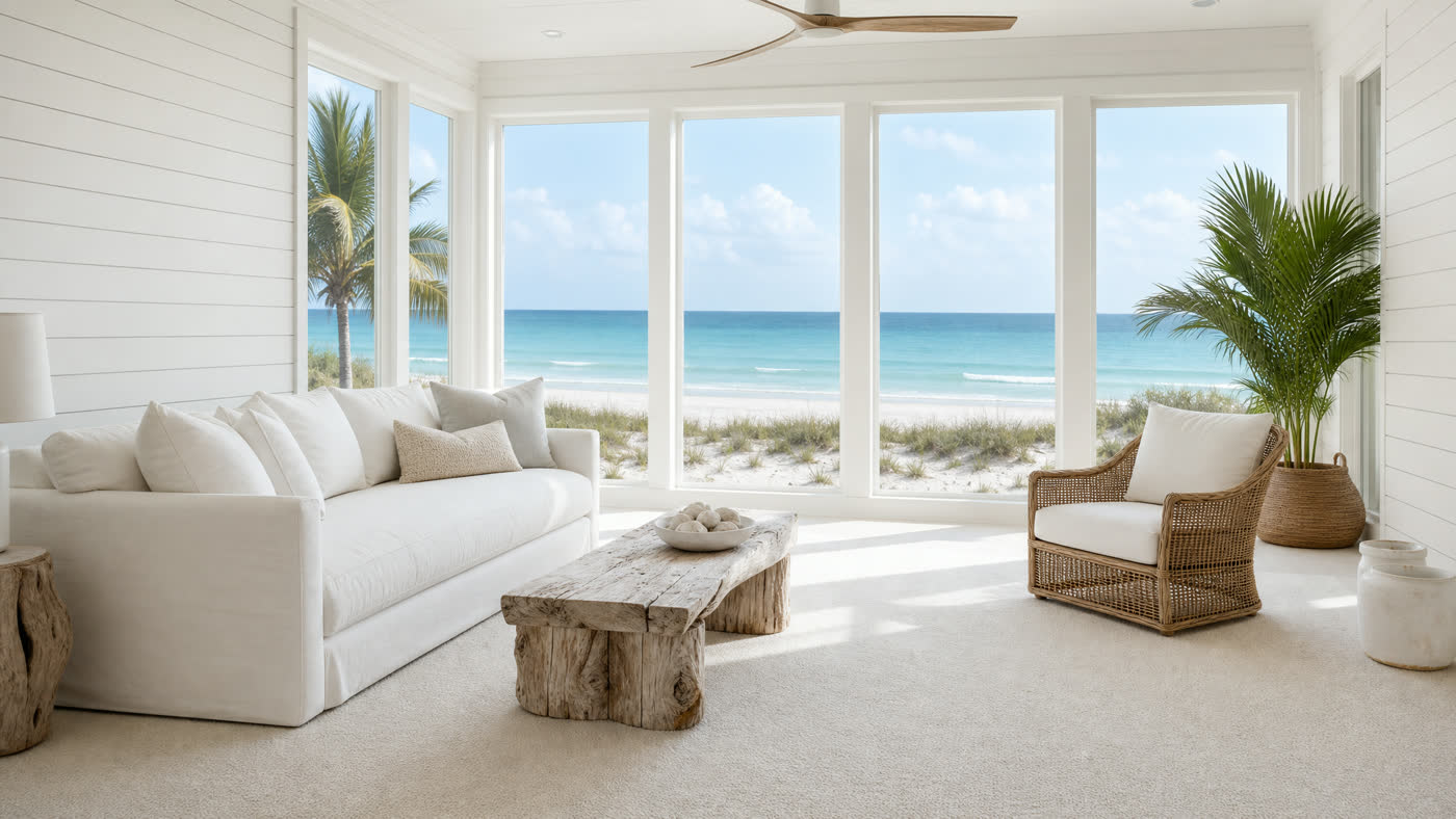 Gulf Coast living room with ocean view — Baldwin County homes StainLION serves